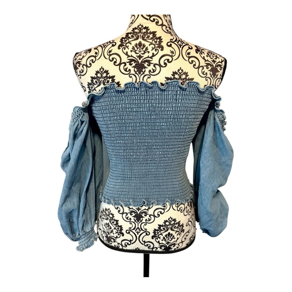 KOURT Blue Smocked Puff Sleeve Blouse Top - Picture 2 of 6